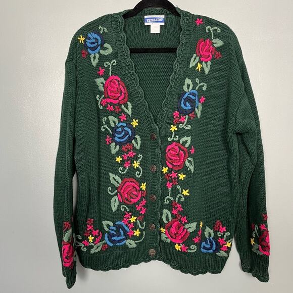 Pendleton Vintage Embroidered Floral Rose Cardigan Knit Green Sweater Women’s 1X - Picture 1 of 8